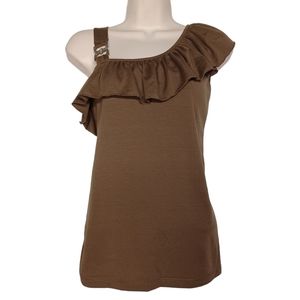 TAKONI Brown Ruffle Silver Colored Buckle Top Large NWT